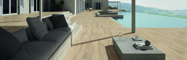 HDG Aged Oak Wood Look Porcelain Paver in Outdoor Pool Surround and Terrace