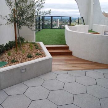 Granite Look Concrete Pavers on Rooftop Deck with Pet Deck and Wood Decking Over Buzon Pedestals