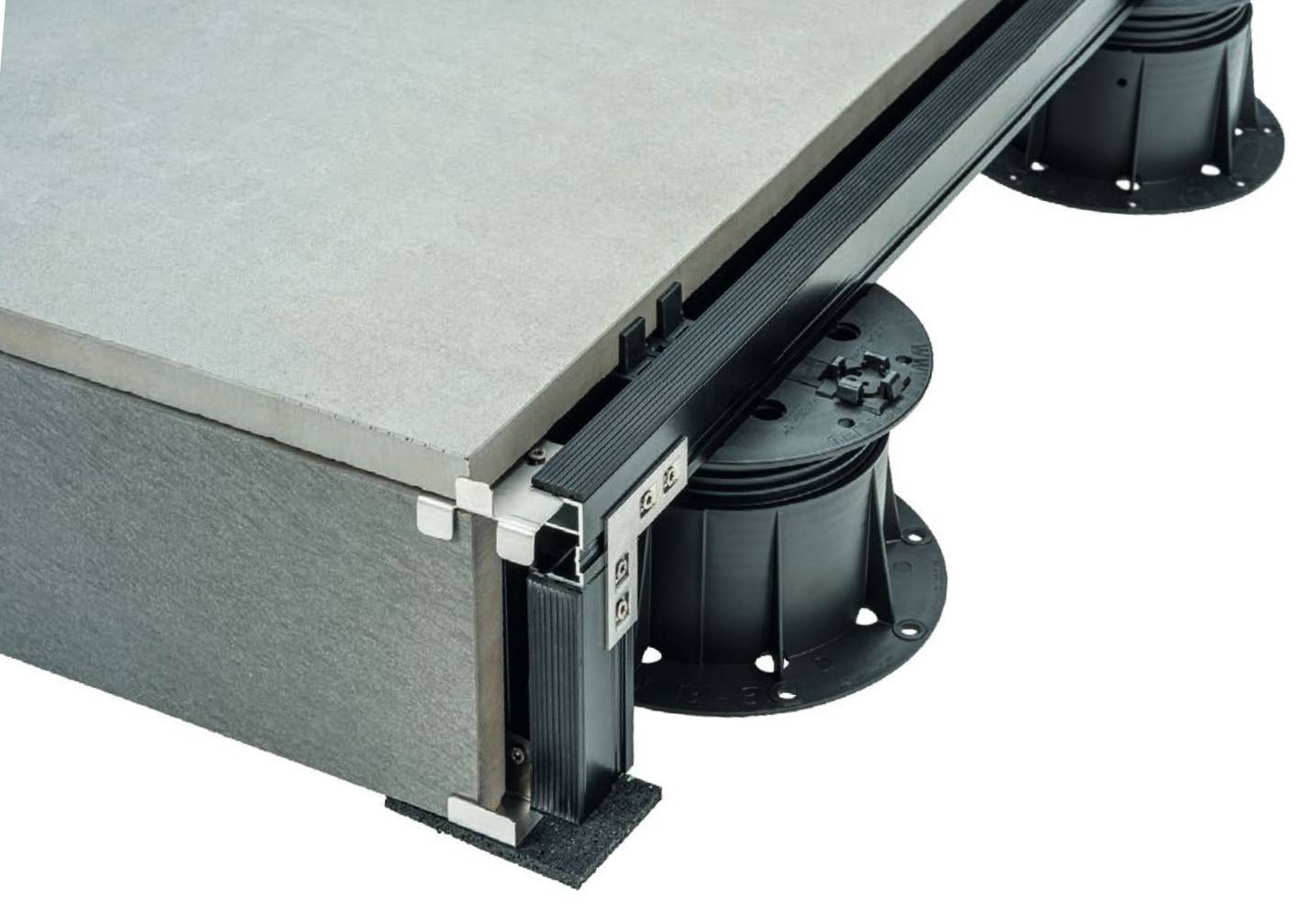 E-BRS Easy Rail Aluminum Joist System with Edge Stops and E-BRS-BRACKET with Finished Porcelain Perimeter