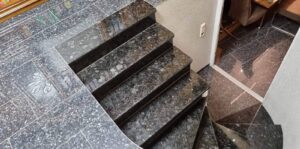 Black Sea Blue Granite stair treads, highlighting precision fabrication and polished finish.