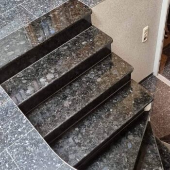 Black Sea Blue Granite stair treads, highlighting precision fabrication and polished finish.