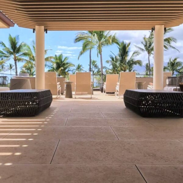 Club Terrace Outdoor Living Room Over NE Beige Porcelain Pavers Atop Buzon Pedestals