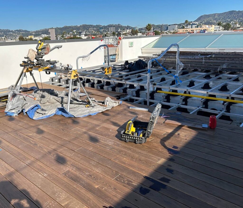 Rooftop Deck with Thermo Ash Decking Over Universal Aluminum Joists and Buzon Pedestals