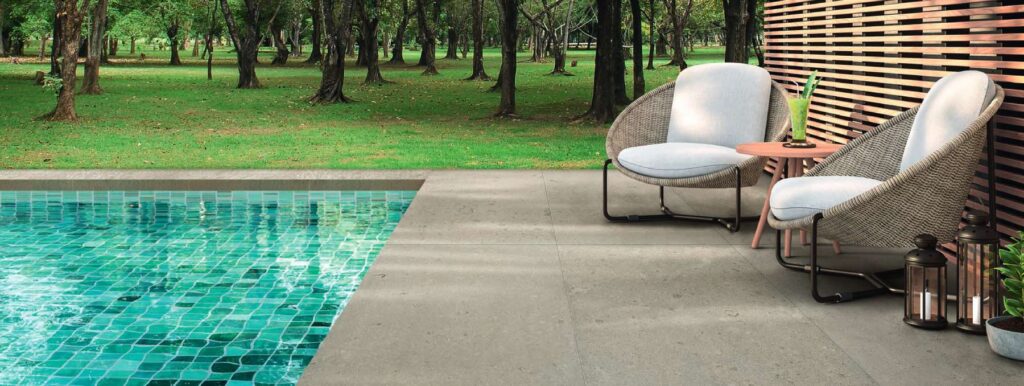 Pool Deck with Outdoor Rated Listo Antique-24-48-inch-2cm-Porcelain-Pavers