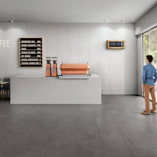 Commercial Indoor Outdoor Transition with Mod Moon 24x24-inch 2CM Porcelain Pavers