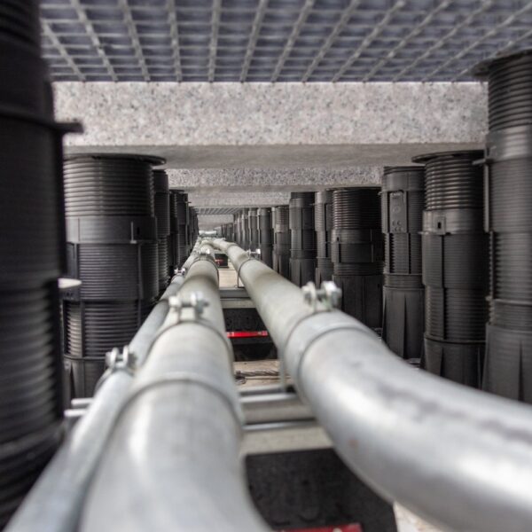 View of pedestal system with ballast and conduit alignment beneath