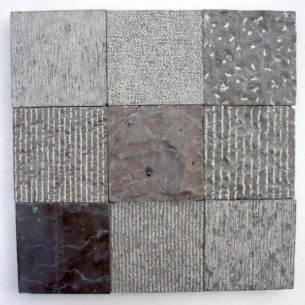 Grid of stone finish samples with pineapple stone finish in upper right and lychee in middle top row, showing contrast between different surface textures.