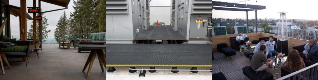 Composite image showing roof deck pedestal system applications including amenity rooftop decks, industrial walkways, and specialty rooftop environments.