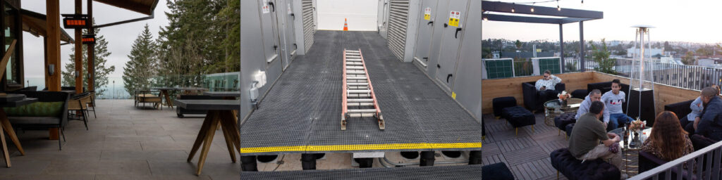 Composite image showing roof deck pedestal system applications including amenity rooftop decks, industrial walkways, and specialty rooftop environments.