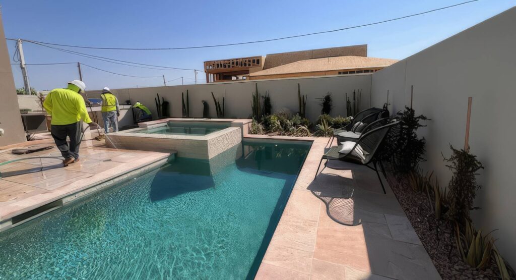 Completed porcelain paver pool deck at a model home featuring Buzon pedestal-supported paving, landscaped outdoor living spaces, and swimming pool.