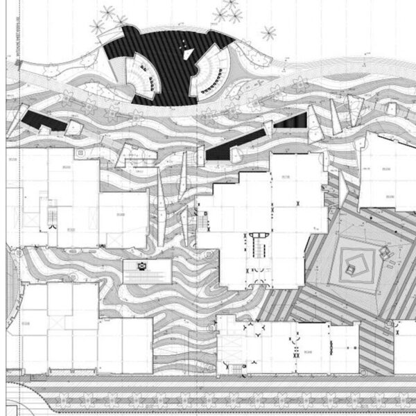 Landscape architecture drawing showing the flowing wave pattern that would later be fabricated using multiple colors of granite pavers.