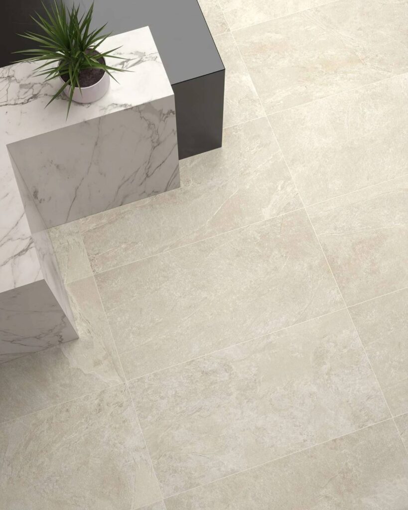 Ardesia White porcelain paver installation pattern.