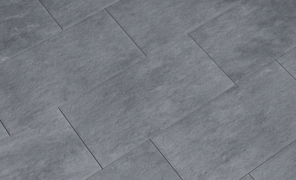 Blustone porcelain pavers in distinctive pattern.