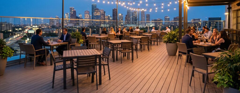 Rooftop hospitality deck with composite decking or raised pedestals.